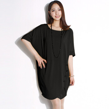 吉思美JSM 2012女夏装新款韩版短袖蝙蝠袖宽松扣子连衣长裙JK206D008 黑色 均码