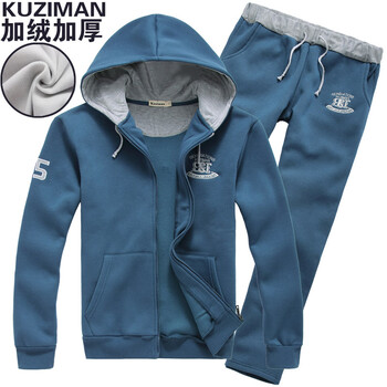 加厚加绒绣标设计男士三色运动服套装卫衣外套+运动