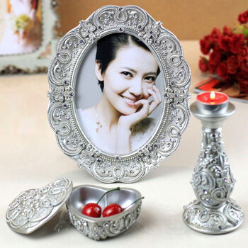 百易尚品 婚纱照的树脂相框摆件像框摆台画框架结婚礼物烛台三件套装