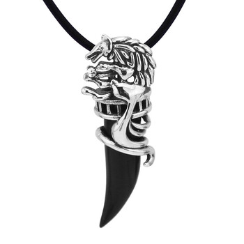 龙骑士复古超酷狼图腾至尊狼牙男项链镶嵌黑玛瑙锆