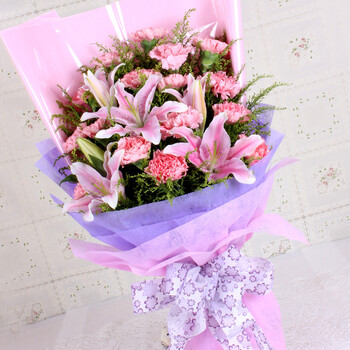 日本JChere有粉红色百合开花系统华丽的花束