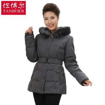 坦博尔+2012冬季新款+女毛领修身带腰带短款羽绒