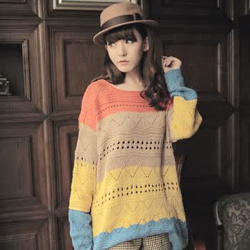 R.Jstory 韩版复古条纹宽松圆领镂空中<em>长款套头</em>