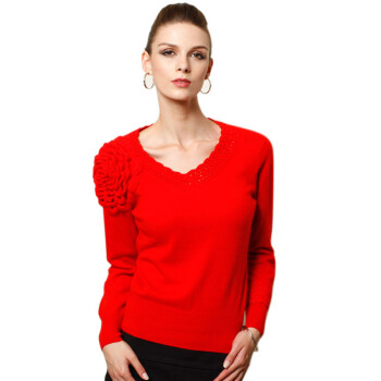 纯羊绒衫 女式v领钩花领套头针织毛衣修身外套 正品包邮1159 红色 95