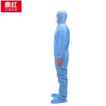鼎红 一次性工作服无纺布带帽防护服防尘服工作服喷漆打扫透气连体服(5件装）蓝色SMS加厚款（有帽无脚套）