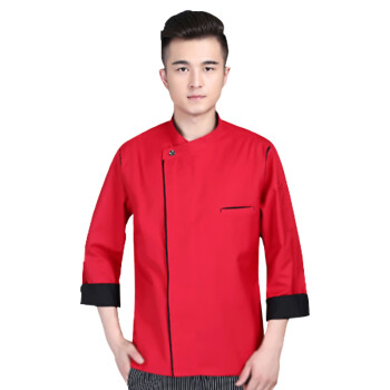 米盛厨师服 酒店饭店餐饮后厨工作服长袖加厚 红色+黑边XL码MS-7