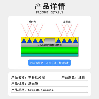 联嘉 车身反光贴 反光胶带宽50mm×长45mx厚0.5mm 红白色 