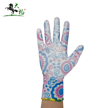 大杨233尼龙印花PU涂层手套女 白底蓝彩花 12双 防滑透气劳保手套