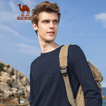 骆驼（CAMEL）男装 秋冬时尚圆领纯色字母长袖上衣男青年休闲t恤衫 深蓝 XL