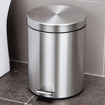 庄太太【3L16.7*24.8cm（410不锈钢）】不锈钢砂光拉丝圆形垃圾桶脚踏式有盖办公室卧室防滑厨房垃圾桶