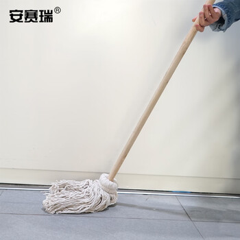 安赛瑞 商用木杆棉线拖把 白棉纱 耐磨棉线吸水拖把布 工厂车间拖把 火车站地铁站拖把 （5把装）12875