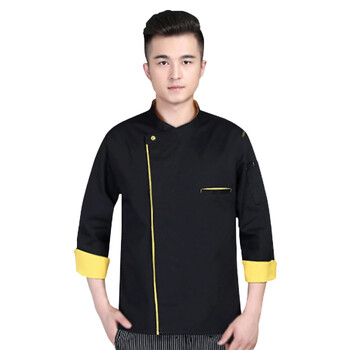 米盛厨师服 酒店饭店餐饮后厨工作服长袖加厚 黑色+黄边6XL码MS-7