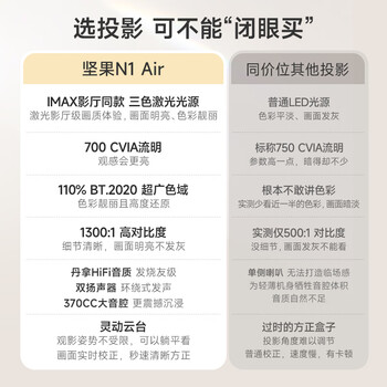 坚果（JMGO）N1 Air三色激光云台投影仪家用投墙白天 智能家庭影院（丹拿调音 全自动梯形校正）-杏仁白