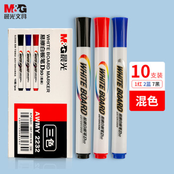 晨光（M&G）文具可擦白板笔 D10单头办公会议笔 易擦白板笔 (7黑 2蓝 1红) 10支/盒AWMY2232