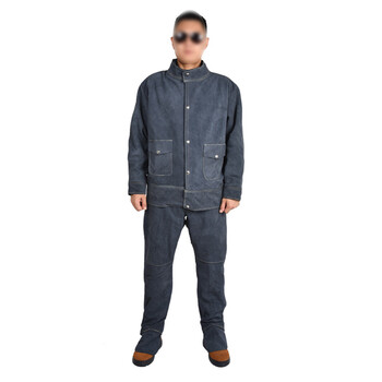 鸣固 牛皮电焊工作服防烫皮衣耐高温电焊防护服防阻燃隔热皮裤T深蓝色单层全皮上衣L