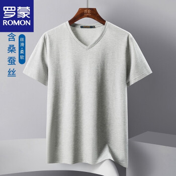 含桑蚕丝纯色v领t恤男短袖柔滑透气男士t恤lm14lp5191灰色m码17088a