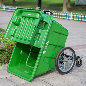 益美得 手推垃圾清运车户外环卫大号垃圾桶工地带轮带盖街道物业保洁垃圾车 草绿色400L