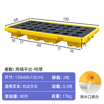 京酷 防渗漏托盘 130x68x15cm特厚两桶平台防泄漏叉车托盘危废液体油化学品接油盘防溢平台