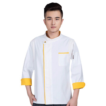 米盛厨师服 酒店饭店餐饮后厨工作服长袖加厚 白色+黄边4XL码MS-7