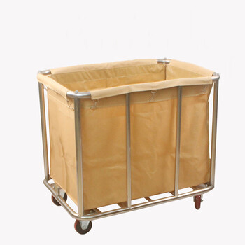 庄太太【加厚8管杏色长方形】布草车客房服务车酒店加厚不锈钢带扶手洗衣房收集脏布草回收推车