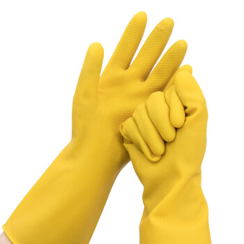 冰禹 乳胶手套 加厚牛筋耐磨橡胶劳保手套 黄色长款M码 5双