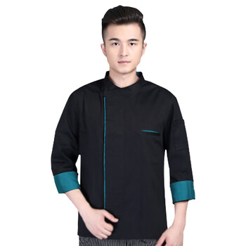 米盛厨师服 酒店饭店餐饮后厨工作服长袖加厚 黑色+蓝边L码MS-7