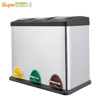舒蔻（supercloud）分类脚踏不锈钢垃圾桶大号干湿分离厨房脚踩桶酒店商场办公楼方形三分类圾垃桶24L  