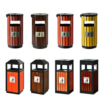 庄太太【镀锌板防腐木咖啡色】户外垃圾桶室外拉圾筒环卫分类环保垃圾箱果皮箱