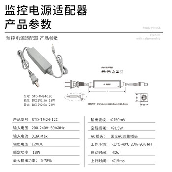 小耳朵 DC12V2A电源适配器 监控摄像头足安直流拇指白色CQC认证户外防雨STD-TM24-12C