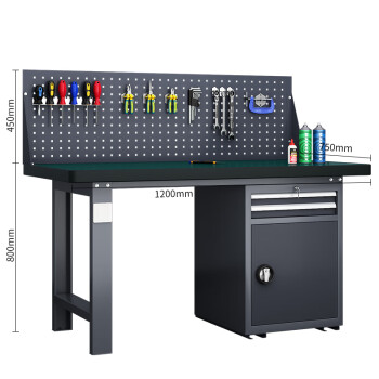 天旦重型工作台TD-T1145工厂工具维修桌检验桌1.2米二抽一门柜带挂板灰色