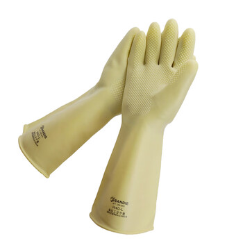 三蝶153工业橡胶手套 加长耐酸碱手套 渔业防水防滑手套卷边 5双 40cm 米黄色 定制