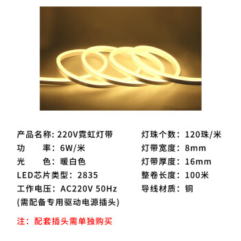 贝工 220V霓虹灯带 户外防水工程亮化装饰用LED柔性灯带 6W/米 暖光 1米