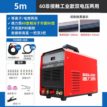 德力西等离子切割机内置气泵LGK60工业级电焊两用220v380v双电压电焊机 【内置泵】两用非接触手工焊5米
