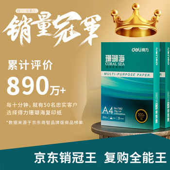 得力(deli)珊瑚海A4打印纸 75g500张*5包一箱 销冠复印纸 双面草稿纸 整箱2500张 ZF369