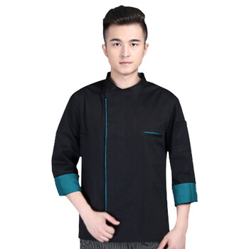 米盛厨师服 酒店饭店餐饮后厨工作服长袖加厚 黑色+蓝边L码MS-7