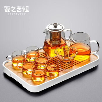 瓷之艺恒玻璃茶具套装家用功夫茶杯客厅办公室简约小茶盘透明耐热泡茶