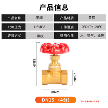匡建仪表（CONJANT）铜闸阀 黄铜加厚重型自来水阀内丝总阀开关 阀门管道配件 手动硬密封水阀 DN15 