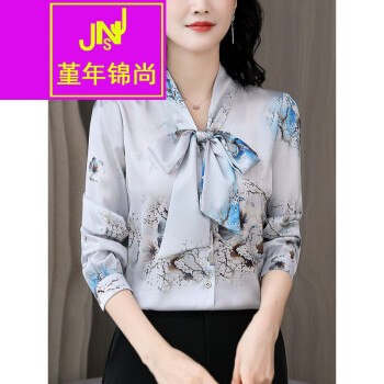 堇年锦尚波点雪纺衫女长袖秋季新款减龄蝴蝶结洋气小衫上衣衬衣衬衫一