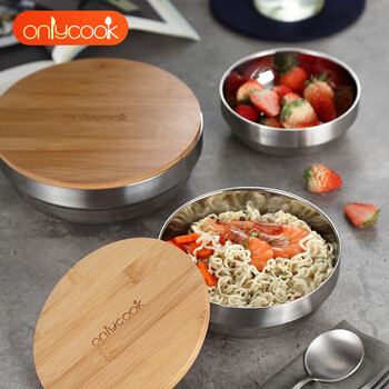 
                                                            onlycook 韩式304不锈钢面碗汤面碗大碗 盛汤碗双层隔热碗饭碗泡面碗带盖 20cm带木盖子（304升级版）单只                