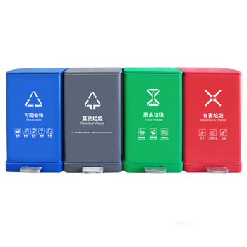 兰诗（LAUTEE）A-229 酒店商场烤漆金属四色分类脚踏垃圾桶  商用果皮箱 蓝色-可回收物