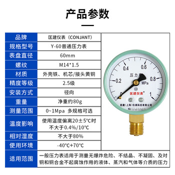 匡建仪表（CONJANT）Y-60压力表 径向指针式 水压表油压表气压表压力表 表盘直径60mm 0-1MPa