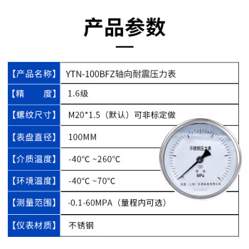 匡建仪表（CONJANT）不锈钢耐震压力表 YTN-100BFZ系列 1台 轴向安装 不带面板  防腐蚀 耐高温 0-25MPa 