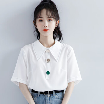 时尚女装2022夏季新款白色短袖衬衫女夏polo领白衬衣学生翻领上衣学生