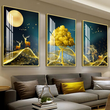 背景墙画玄关挂画金鹿送福j默认金色外框三幅6080cm铝合金边框晶瓷