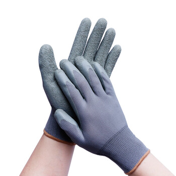 者也 12双浸胶发泡手套 挂胶皱纹防滑防油胶皮手套 皱纹掌灰色