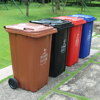 益美得 上海款干湿分离分类垃圾桶大号环卫带轮垃圾箱 可挂车240L蓝色（可回收物）