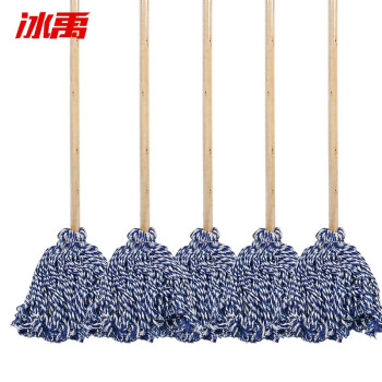 冰禹 BYA-25 传统拖把 木头杆棉线拖把 吸水拖把 白线条拖把布条拖把 【5把】蓝白