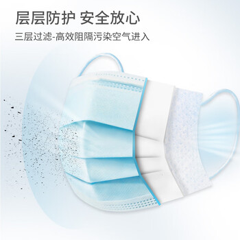 安美尚(ams)一次性口罩 50只/盒 蓝色 带熔喷布 三层 成人男女通勤 A9501