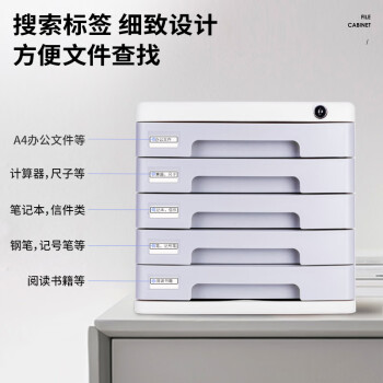 得力（deli）5层带锁手拉办公桌书桌桌面收纳盒收纳文件柜抽屉式 带索引标签资料学科试卷分类 浅灰色9779