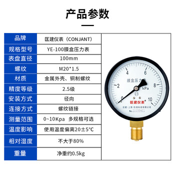 匡建仪表（CONJANT）YE-100膜盒压力表 千帕表天然气表燃气表微压表 0-10kpa